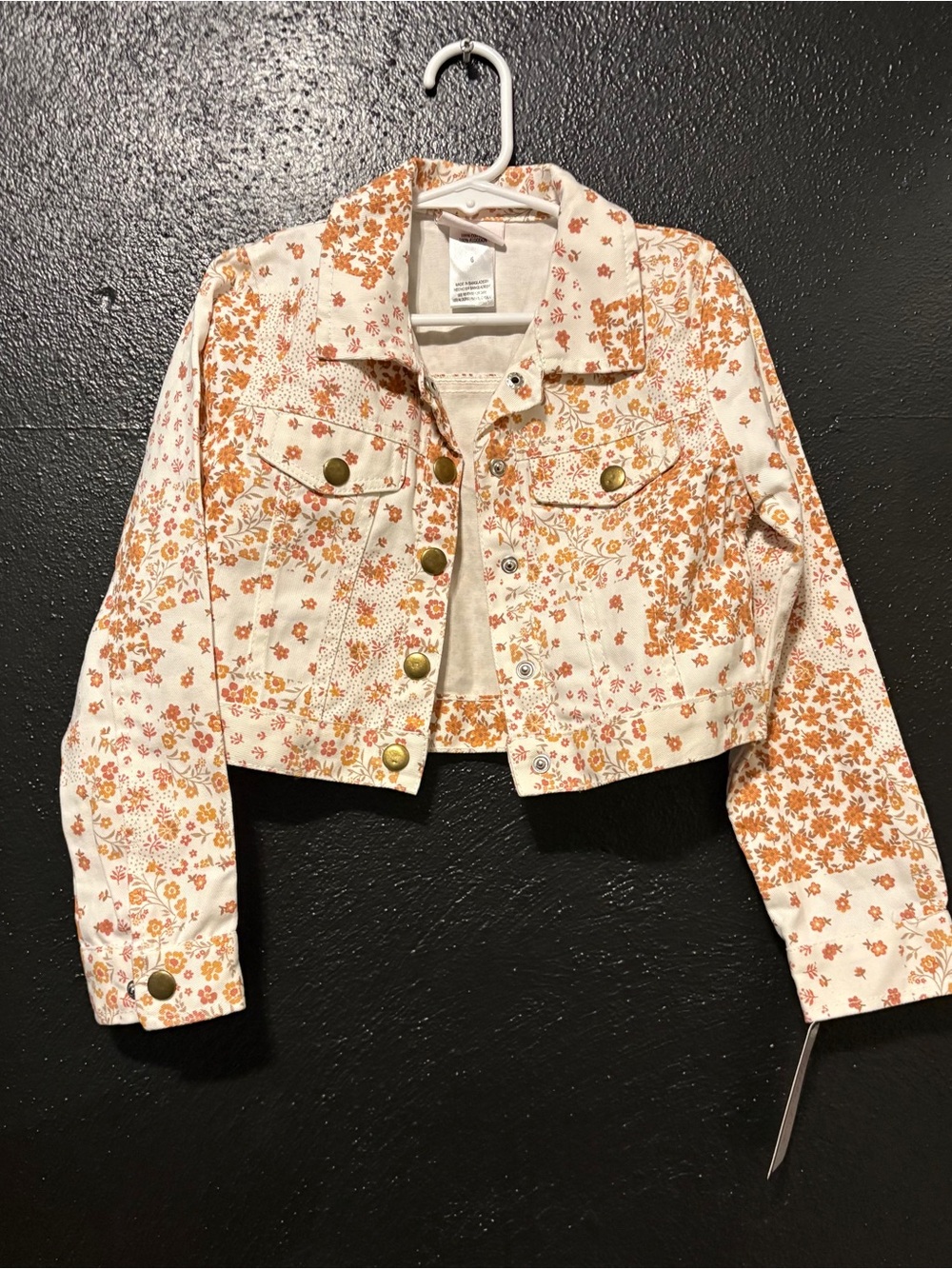 Little Lass Cropped Floral Jean Jacket - Cream & Orange Size 6